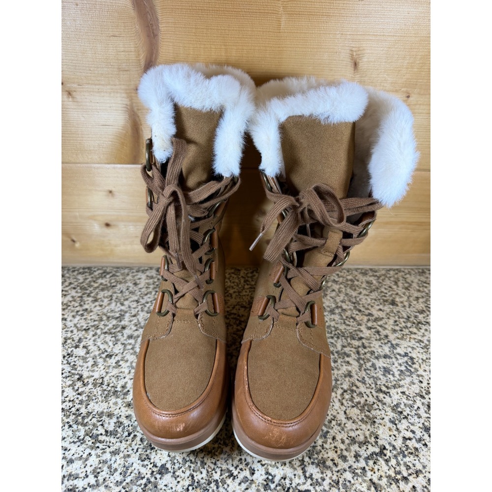 Dream Pairs Womens Mid Calf Snow Boots Tan Brown Faux Fur Trim Lace Up Boots - Picture 2 of 13